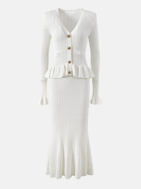 Ruffled V-Neck Top and Midi Skirt Sweater Set - MimiStylez