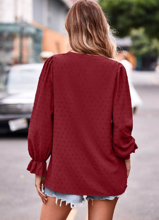 Swiss Dot Notched Neck Flounce Sleeve Blouse - MimiStylez