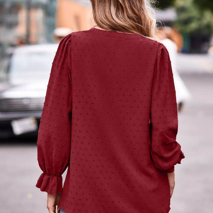 Swiss Dot Notched Neck Flounce Sleeve Blouse - MimiStylez