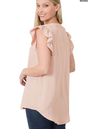 Woven Wool Peach Ruffled Sleeve High-Low Top - MimiStylez