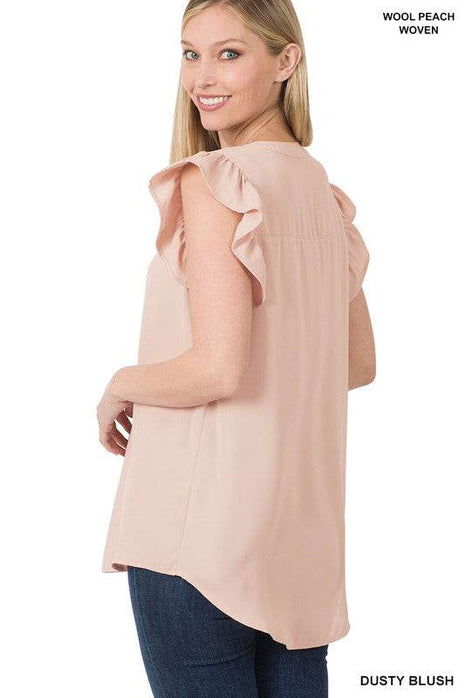 Woven Wool Peach Ruffled Sleeve High-Low Top - MimiStylez