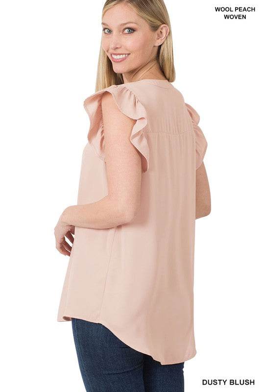 Woven Wool Peach Ruffled Sleeve High-Low Top - MimiStylez