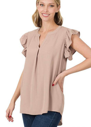 Woven Wool Peach Ruffled Sleeve High-Low Top - MimiStylez