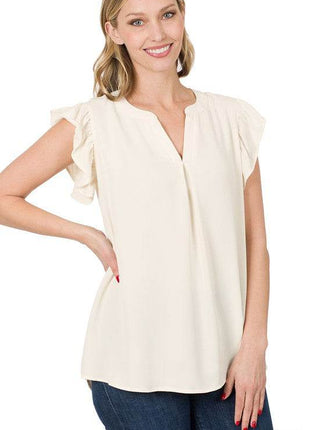 Woven Wool Peach Ruffled Sleeve High-Low Top - MimiStylez