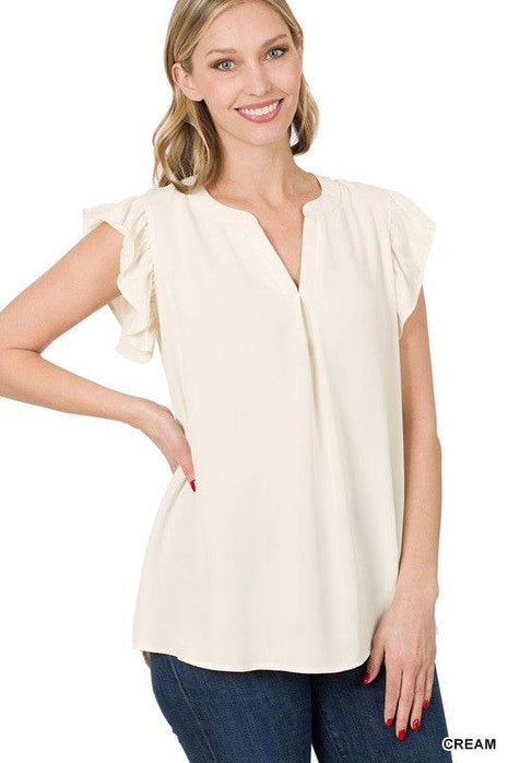 Woven Wool Peach Ruffled Sleeve High-Low Top - MimiStylez