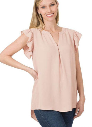 Woven Wool Peach Ruffled Sleeve High-Low Top - MimiStylez