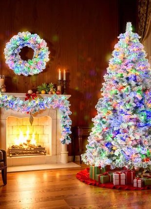 6FT Snow Flocked Christmas Tree  Pre Lit Set With Tree Garland & Wreath, Artificial Hinged Xmas Tree With Colorful LED Lights8 Lighting Modes, Pine Cones