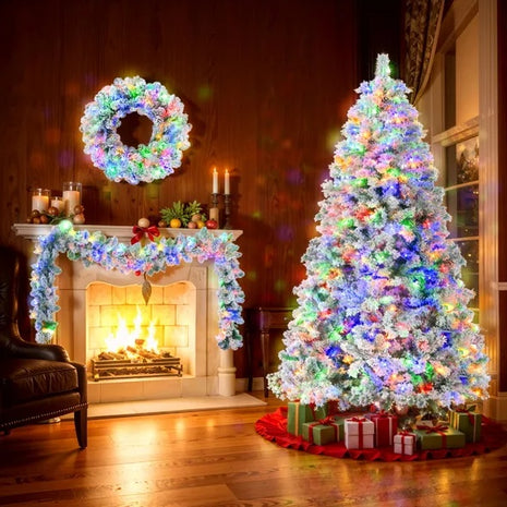 6FT Snow Flocked Christmas Tree  Pre Lit Set With Tree Garland & Wreath, Artificial Hinged Xmas Tree With Colorful LED Lights8 Lighting Modes, Pine Cones