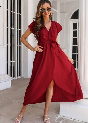 Ruffled Surplice Tie Waist Slit Midi Dress - MimiStylez