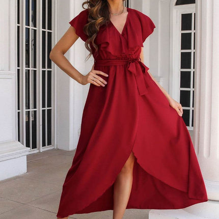 Ruffled Surplice Tie Waist Slit Midi Dress - MimiStylez