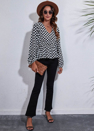 Checkered V-Neck Balloon Sleeve Peplum Blouse - MimiStylez