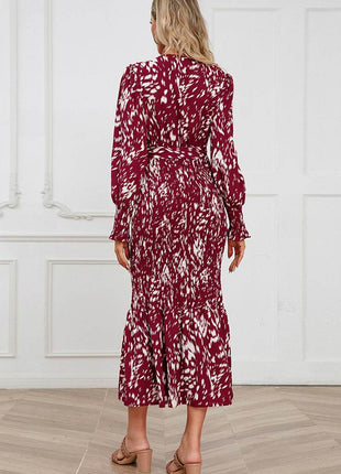 Printed V-Neck Smocked Midi Dress - MimiStylez