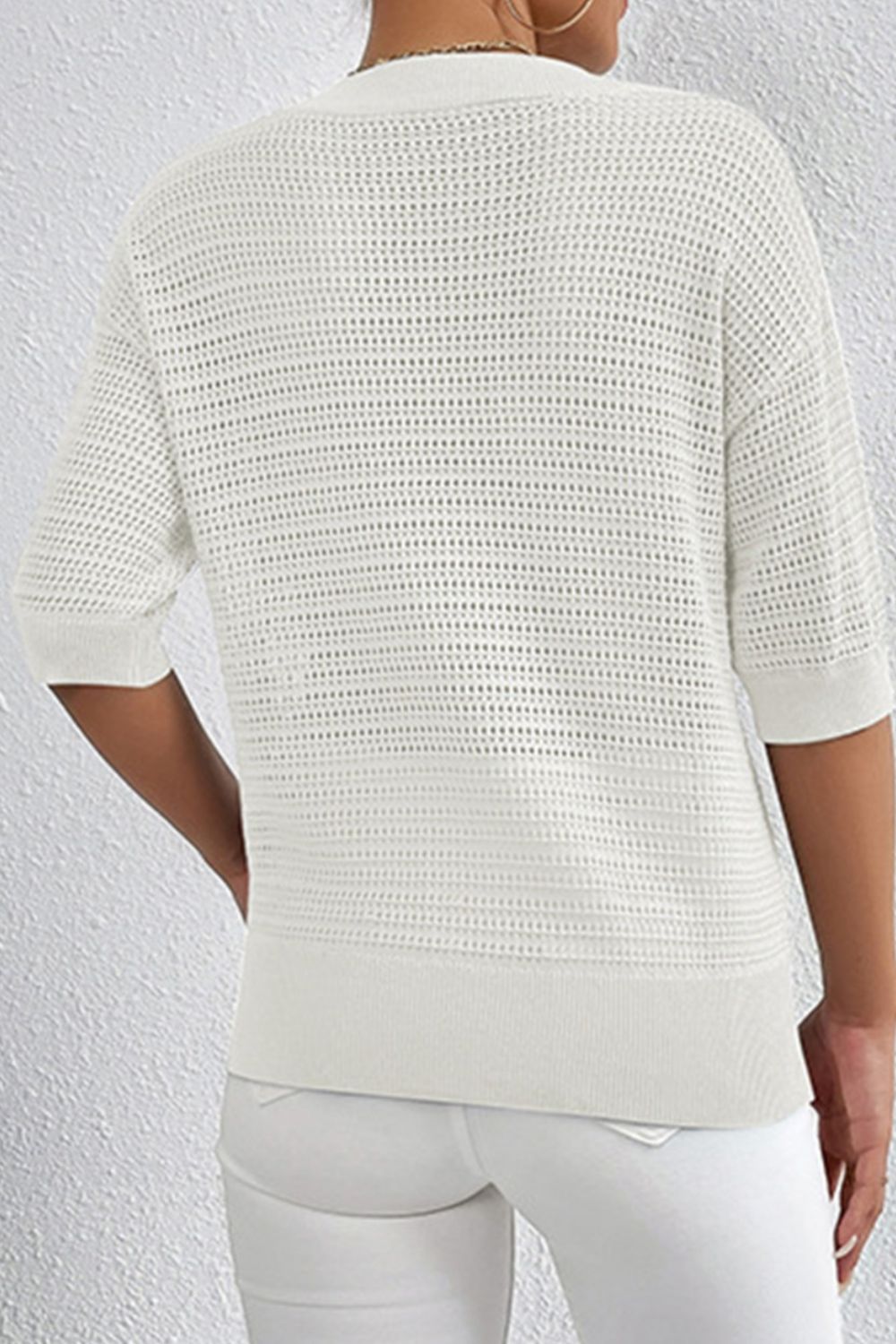 Openwork Half Button Dropped Shoulder Knit Top