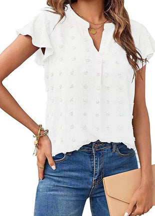 Women's Fashion V-neck Ruffle Sleeve Chiffon Shirt Short Sleeve - MimiStylez