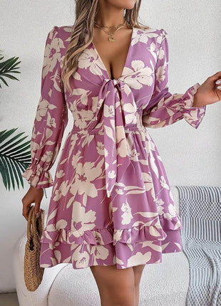 Tied Ruffled Printed Long Sleeve Dress - MimiStylez
