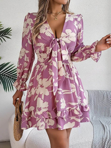 Tied Ruffled Printed Long Sleeve Dress - MimiStylez