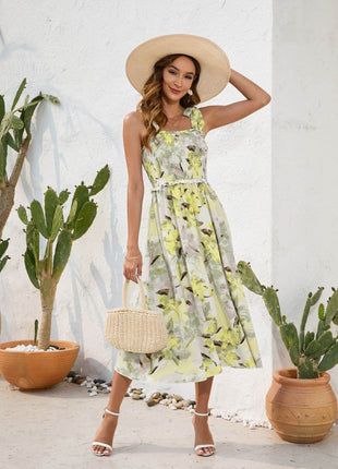 Smocked Printed Square Neck Midi Dress - MimiStylez