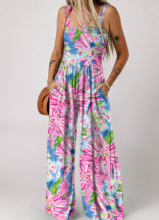 Floral Smocked Square Neck Jumpsuit with Pockets - MimiStylez