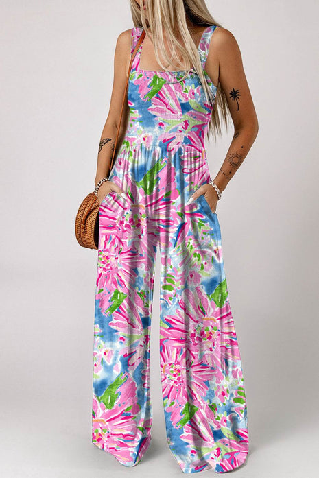 Floral Smocked Square Neck Jumpsuit with Pockets - MimiStylez
