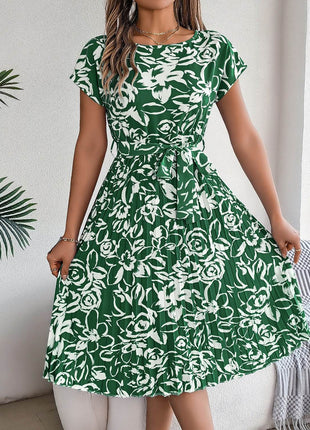 Tied Pleated Printed Short Sleeve Dress - MimiStylez