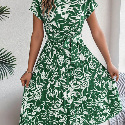 Tied Pleated Printed Short Sleeve Dress - MimiStylez