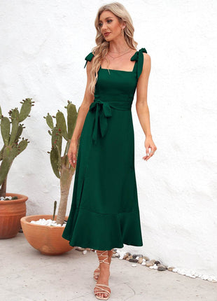 Square Neck Tie Strap Midi Dress - MimiStylez