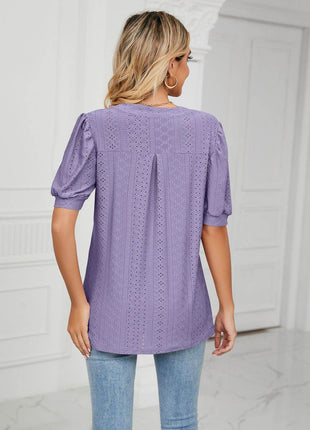 Eyelet Short Puff Sleeve Notched Neck Top - MimiStylez