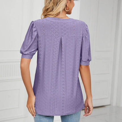 Eyelet Short Puff Sleeve Notched Neck Top - MimiStylez