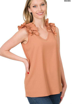 Woven Wool Dobby Ruffle Trim Sleeveless Top - MimiStylez