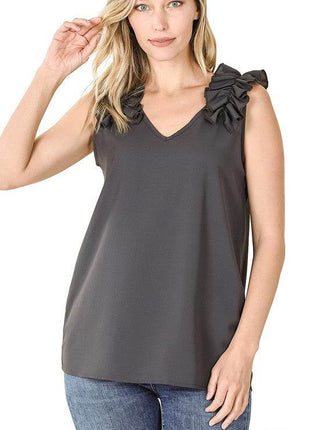 Woven Wool Dobby Ruffle Trim Sleeveless Top - MimiStylez