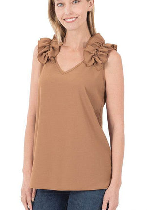 Woven Wool Dobby Ruffle Trim Sleeveless Top - MimiStylez