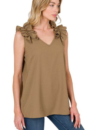 Woven Wool Dobby Ruffle Trim Sleeveless Top - MimiStylez