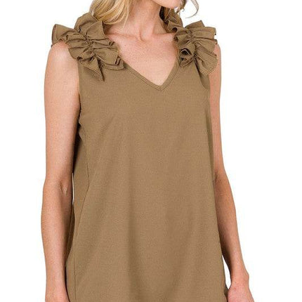 Woven Wool Dobby Ruffle Trim Sleeveless Top - MimiStylez
