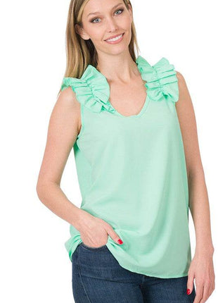 Woven Wool Dobby Ruffle Trim Sleeveless Top - MimiStylez