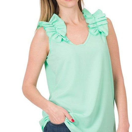 Woven Wool Dobby Ruffle Trim Sleeveless Top - MimiStylez