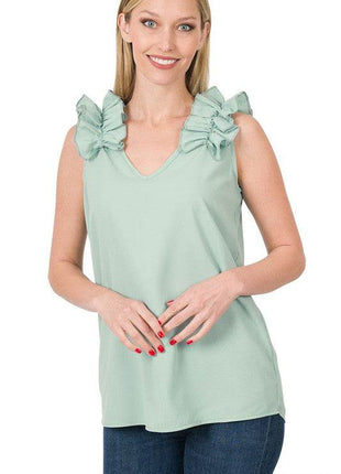 Woven Wool Dobby Ruffle Trim Sleeveless Top - MimiStylez