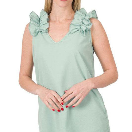 Woven Wool Dobby Ruffle Trim Sleeveless Top - MimiStylez