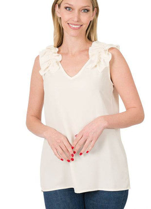 Woven Wool Dobby Ruffle Trim Sleeveless Top - MimiStylez