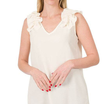Woven Wool Dobby Ruffle Trim Sleeveless Top - MimiStylez