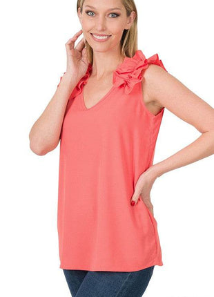 Woven Wool Dobby Ruffle Trim Sleeveless Top - MimiStylez