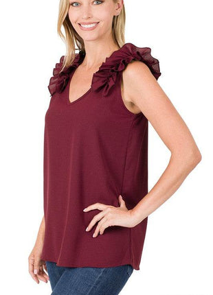 Woven Wool Dobby Ruffle Trim Sleeveless Top - MimiStylez