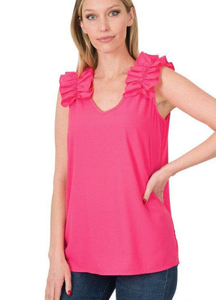 Woven Wool Dobby Ruffle Trim Sleeveless Top - MimiStylez