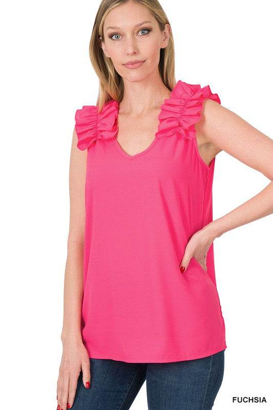 Woven Wool Dobby Ruffle Trim Sleeveless Top - MimiStylez