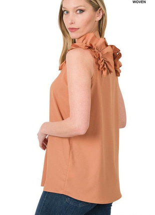 Woven Wool Dobby Ruffle Trim Sleeveless Top - MimiStylez