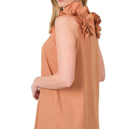 Woven Wool Dobby Ruffle Trim Sleeveless Top - MimiStylez