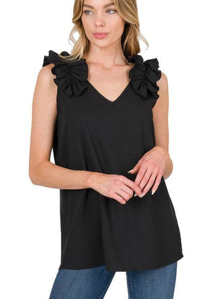 Woven Wool Dobby Ruffle Trim Sleeveless Top - MimiStylez