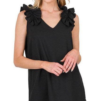 Woven Wool Dobby Ruffle Trim Sleeveless Top - MimiStylez