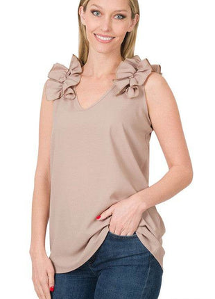 Woven Wool Dobby Ruffle Trim Sleeveless Top - MimiStylez