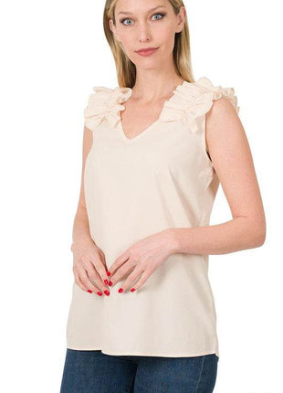 Woven Wool Dobby Ruffle Trim Sleeveless Top - MimiStylez