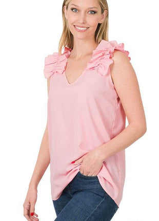 Woven Wool Dobby Ruffle Trim Sleeveless Top - MimiStylez